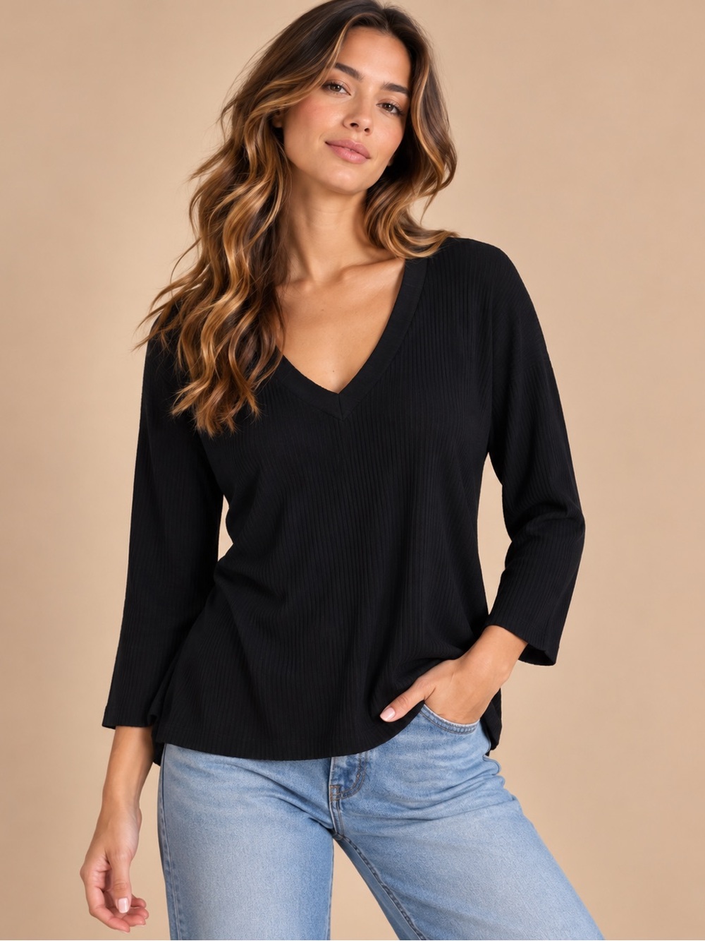 Investments Black Ribbed V Neck 3/4 Sleeve Blouse Women's XL
